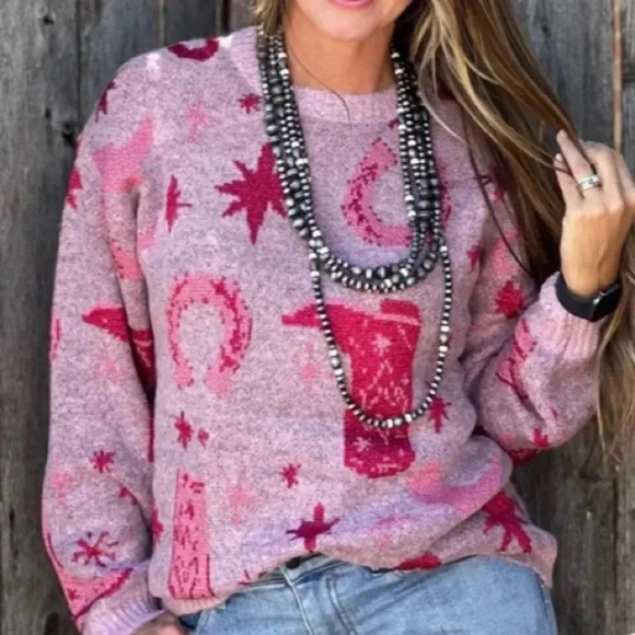 NWT ENTRO NAOMI PINK COWGIRL WESTERN SPARKLE WOVEN SWEATER - Picture 1 of 5